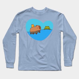 Capybara swimming with a bird and a frog Long Sleeve T-Shirt